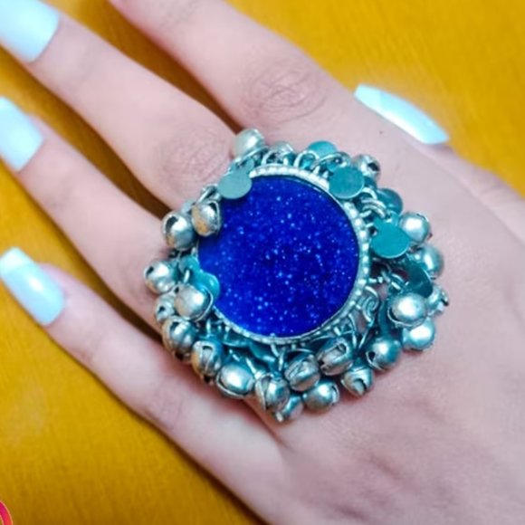 Ethnic Afghan Silver Kuchi Bells Ring, Afghan Statement Massive Ring, - Picture 2 of 4